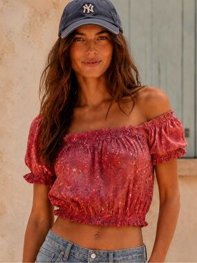 Super vintage Free People Red Off-Shoulder Smocked Crop Top